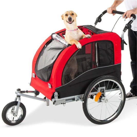 2in1 Dog Bike Trailer, Pet Stroller Bicycle Carrier w Hitch, Suspension, Visibility Flag and Reflectors, 66lb Weight Capacity