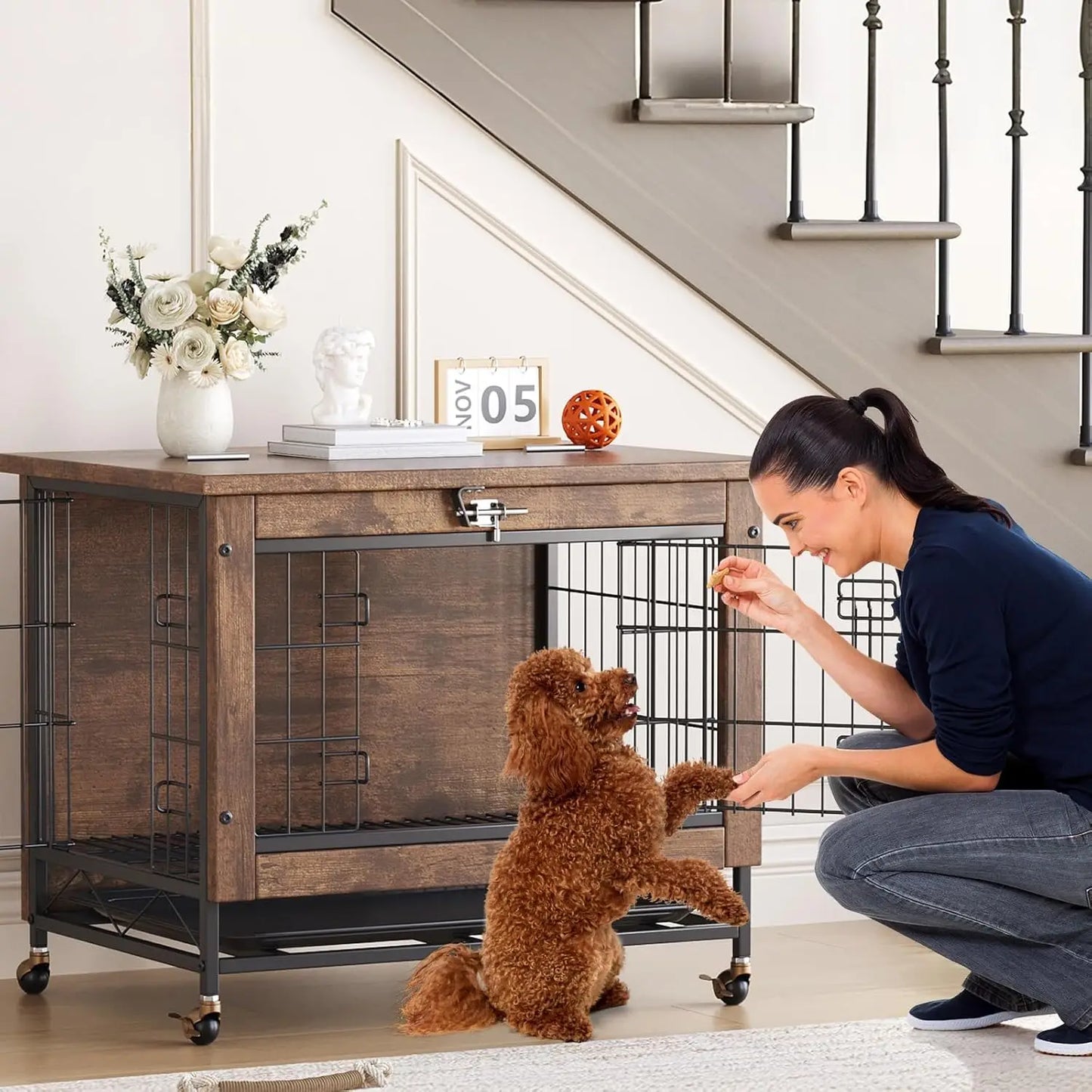 HiMISS Rustic Wood Metal Dog Crate Furniture With Wheels