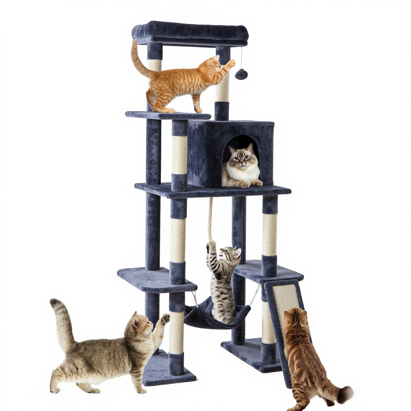 MCQ 63IN Cat Tree Tower Natural Sisal Scratching Posts Multi Level Cat Climbing Tower with Condo Pet House for Indoor Cats