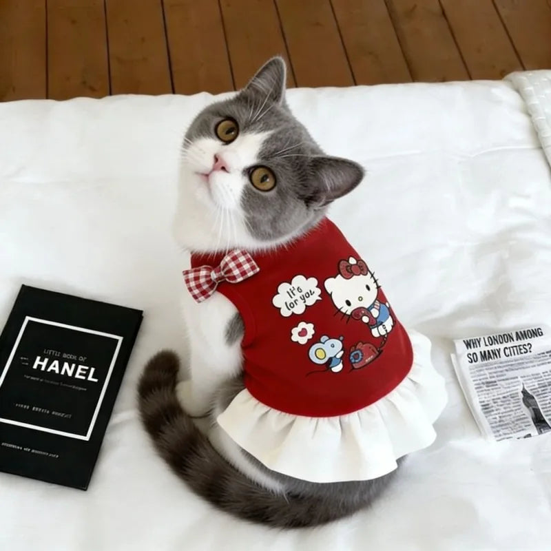 Cat Hello Kitty Princess Dress with Bowknot, White Sleeveless Summer Clothes for Small Dogs Cats, Soft Breathable Pet Apparel