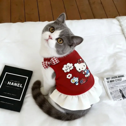 Cat Hello Kitty Princess Dress with Bowknot, White Sleeveless Summer Clothes for Small Dogs Cats, Soft Breathable Pet Apparel