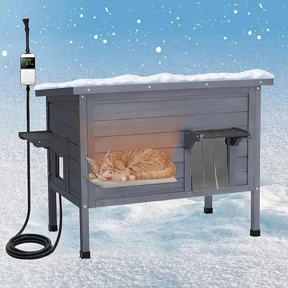 Weatherproof Insulated Outdoor Cat House with Heating Pad - Feral Cat Shelter for Winter, Escape Door, and PVC Curtain