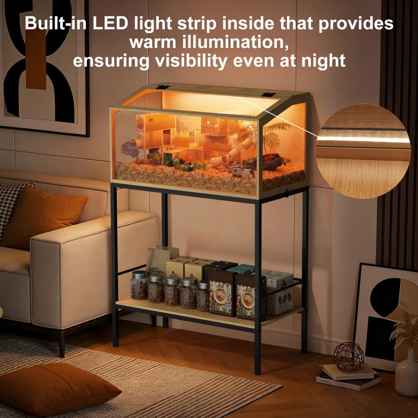 Chewproof Wooden Hamster Cage With Tempered Glass Panels LED Light
