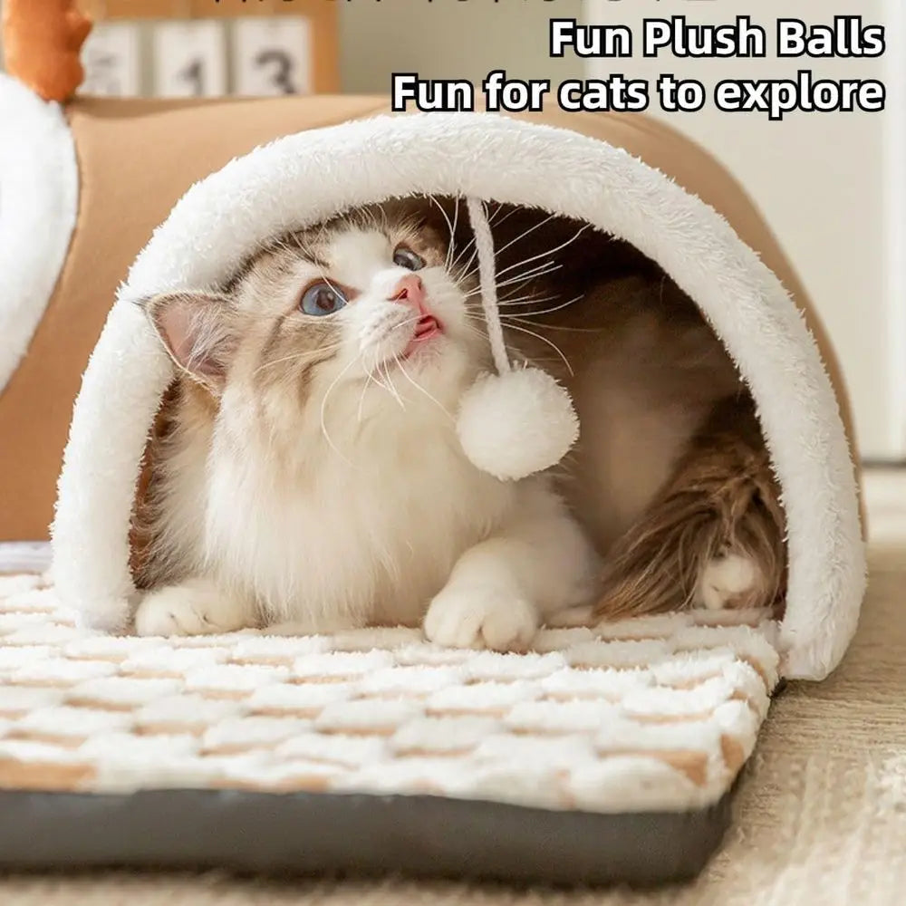 X-Large Brown Indoor Cat Tunnel Bed with Peekaboo Cave and Balls Toys, Removable Washable Cover for Small Dogs and Animals