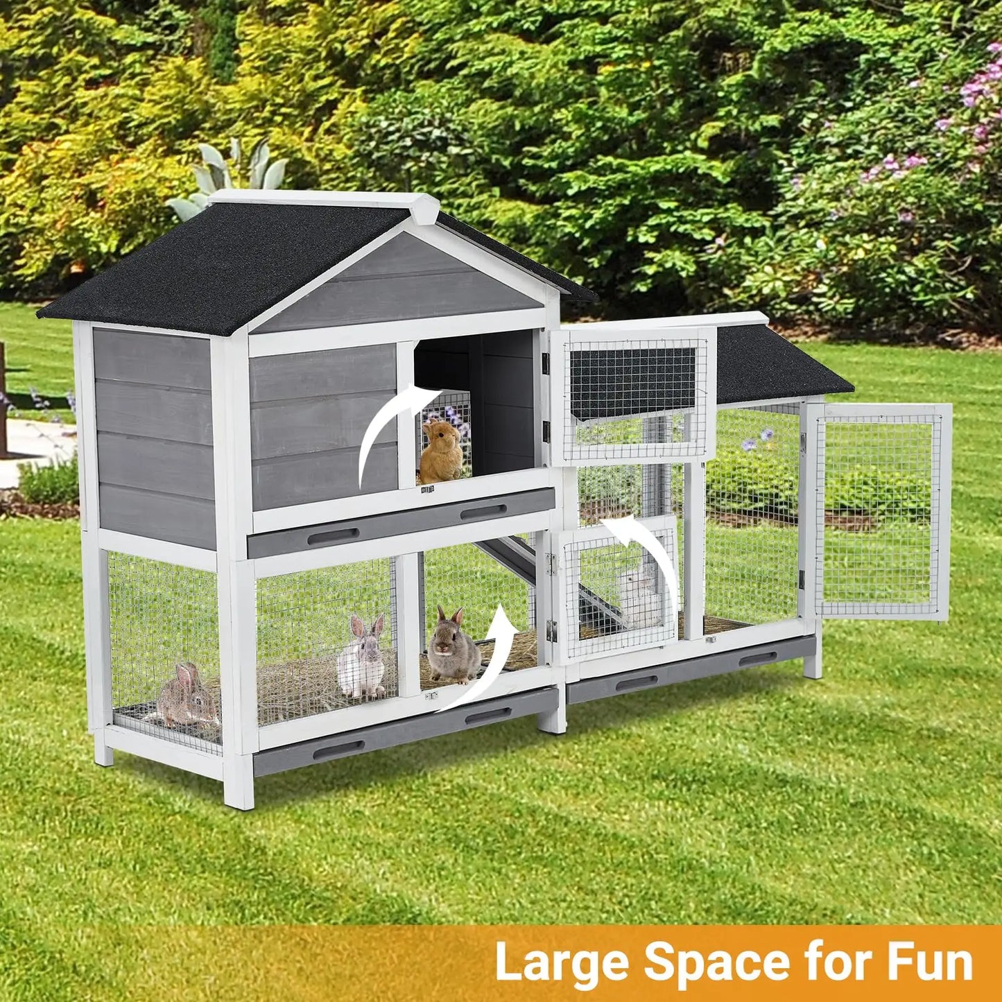 Bunny Hutch Cage With Leak Proof Trays And Wooden Roof
