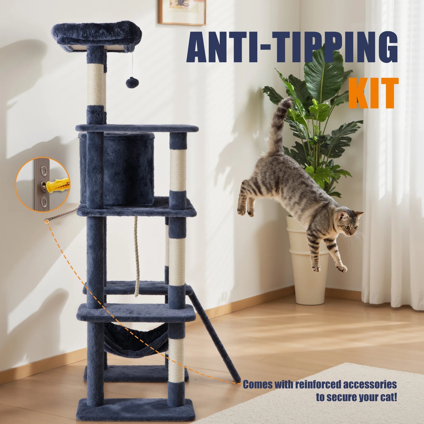 MCQ 63IN Cat Tree Tower Natural Sisal Scratching Posts Multi Level Cat Climbing Tower with Condo Pet House for Indoor Cats