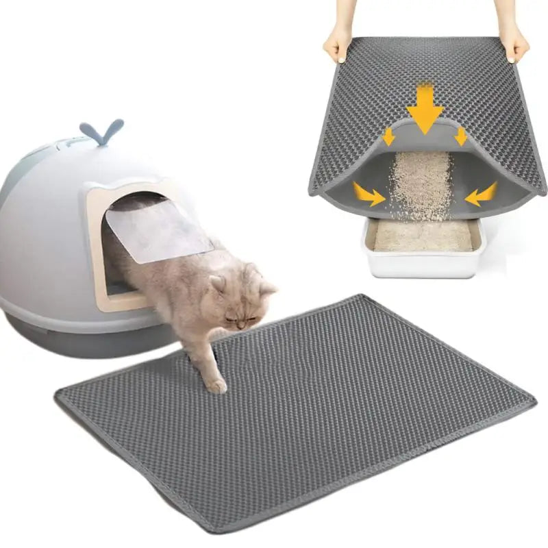 Double-Layer Cat Litter Mat Large Honeycomb Trapping Pad Waterproof Washable Soft EVA Pet Litter Box Catching Mat Anti-Slip Urine Proof Easy Clean Floor Protector with Side Opening for Cats Kittens Accessories