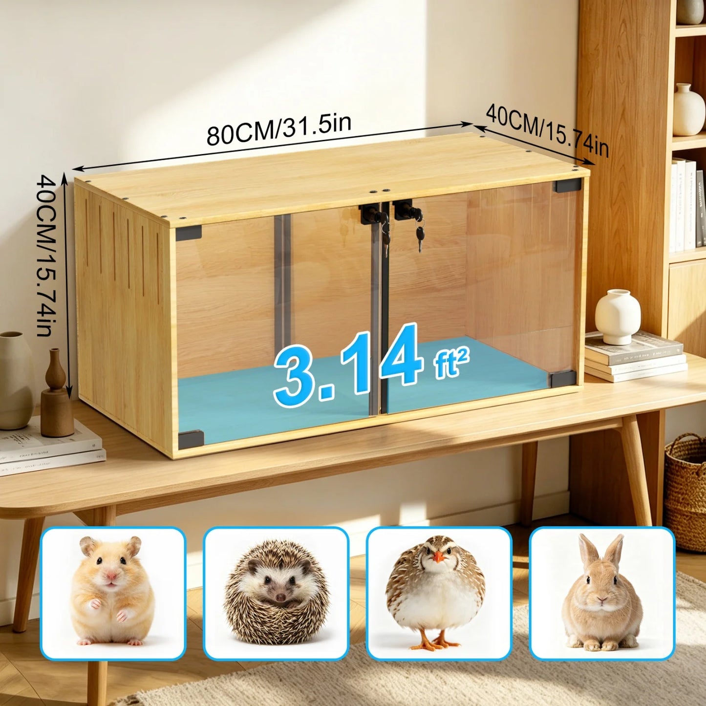 Wooden Small Pets Cage With Removable Divider Chewproof Tempered Glass