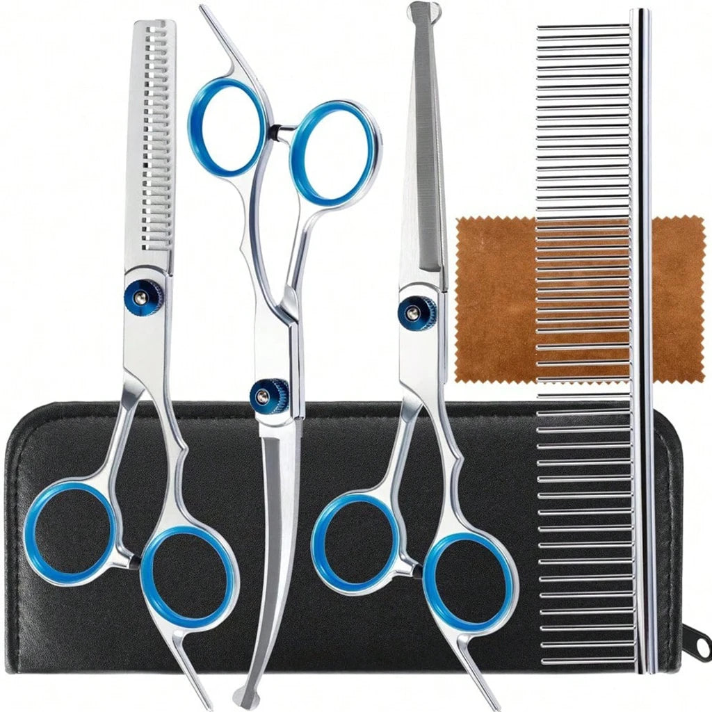 Professional Pet Grooming Scissors Kit Stainless Steel Dog Cat Hair Cutting Thinning Curved Straight Trimmer Shears with Comb & Case