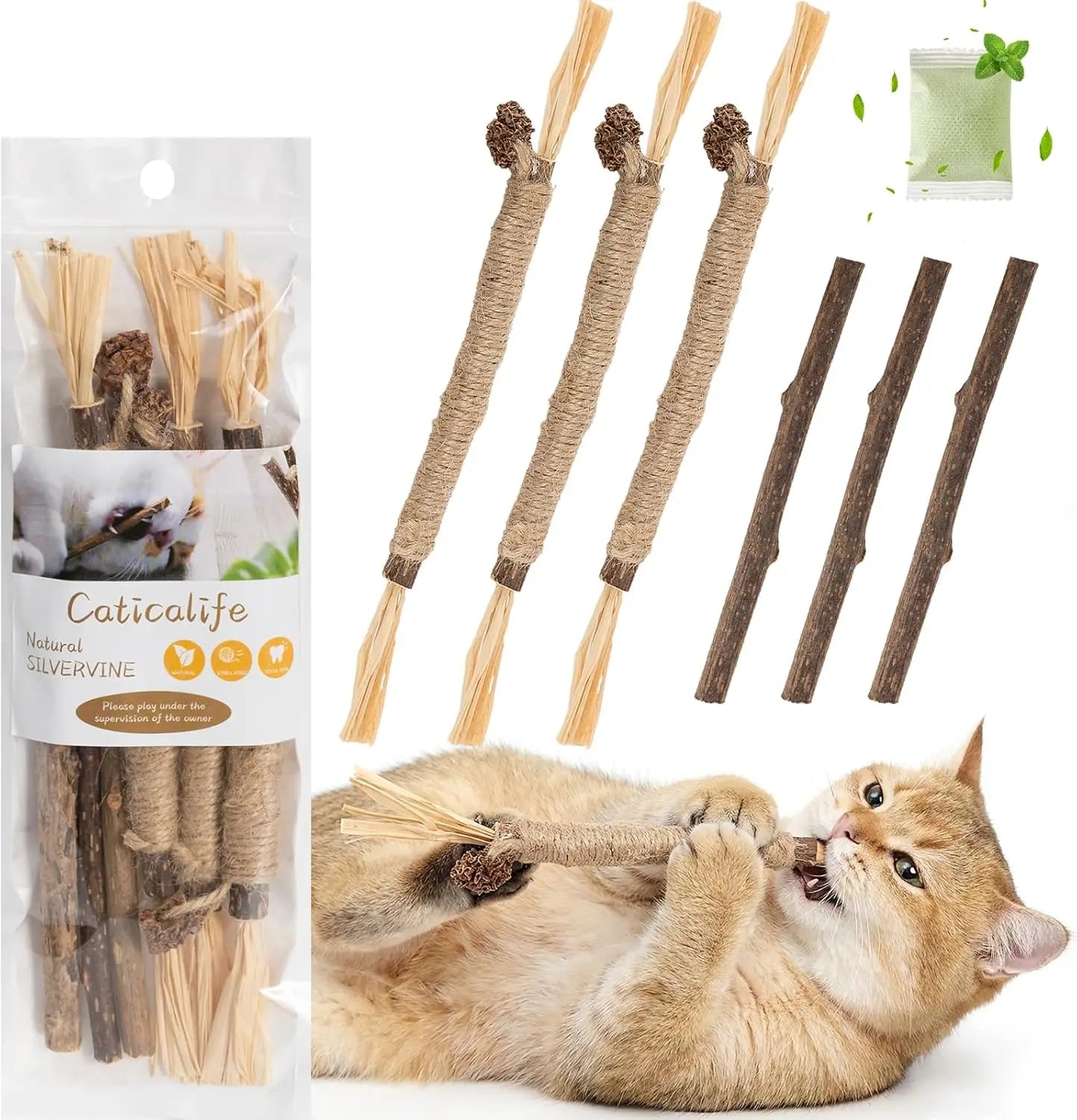 6Pcs Silvervine Sticks for Cats with Catnip Bag, Cat Chew Toys for Teeth Cleaning and Anxiety Relief, Natural Dental Care Kit fo