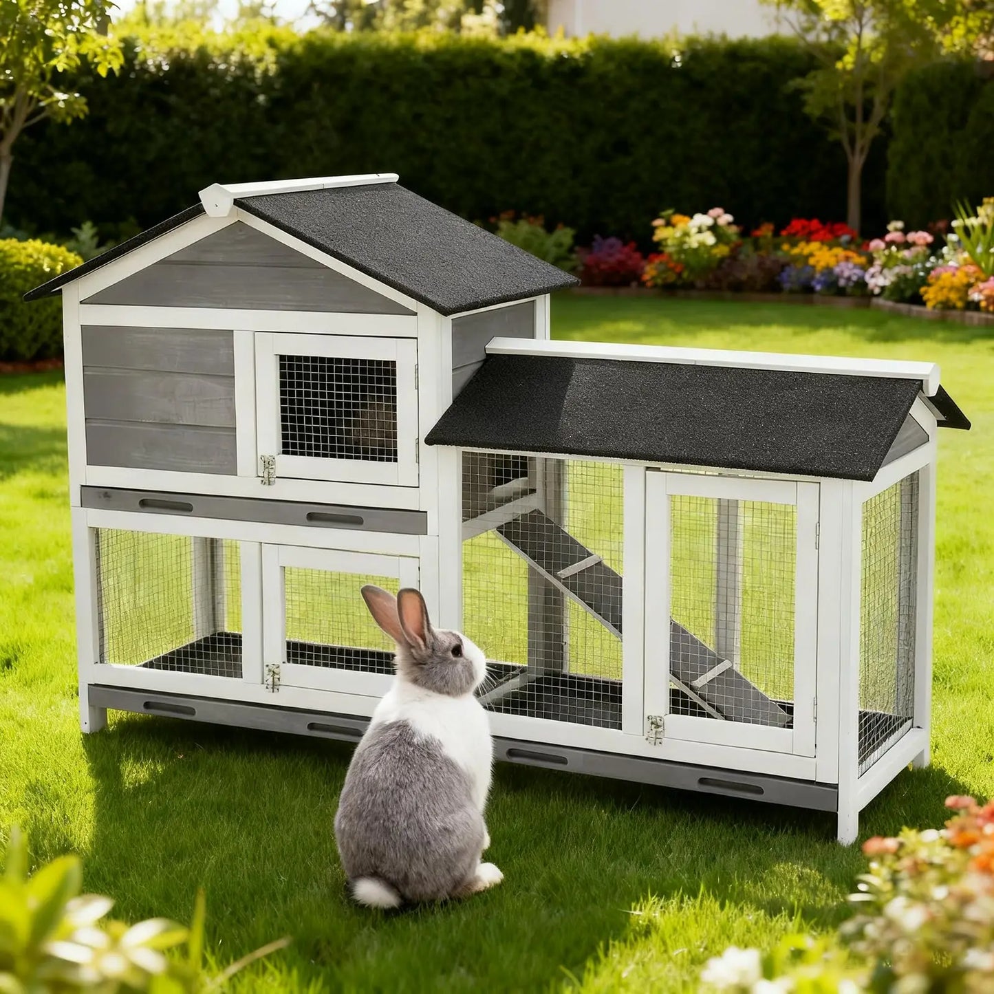 Bunny Hutch Cage With Leak Proof Trays And Wooden Roof