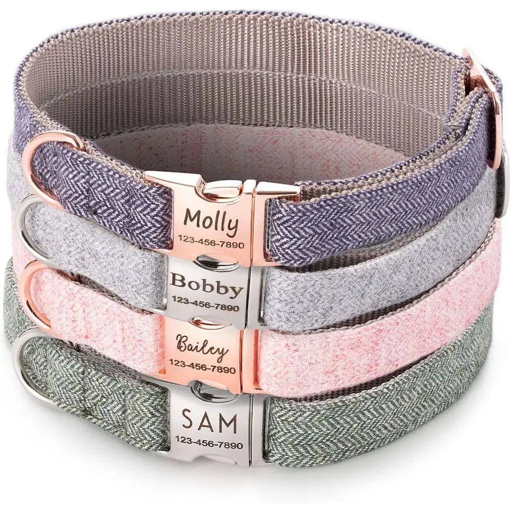 Personalized Dog Collar, Custom Pet Name and Contact Ino Engraved, Adjustable Cotton Collar or Small Dogs, Cats, and Puppies wit