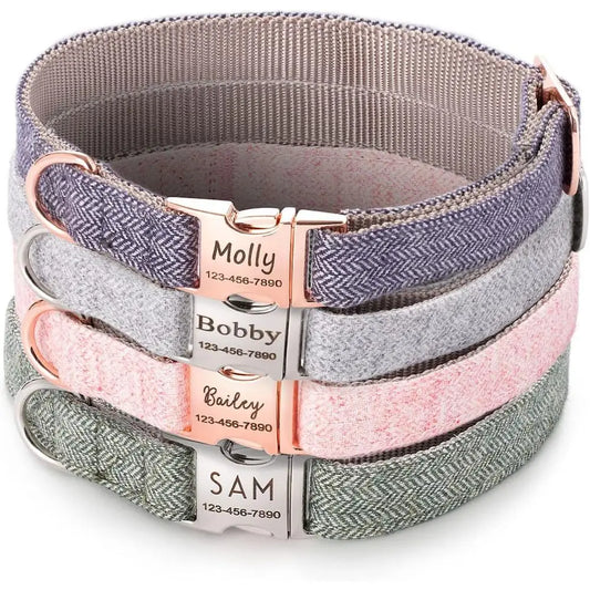 Personalized Dog Collar, Custom Pet Name and Contact Ino Engraved, Adjustable Cotton Collar or Small Dogs, Cats, and Puppies wit