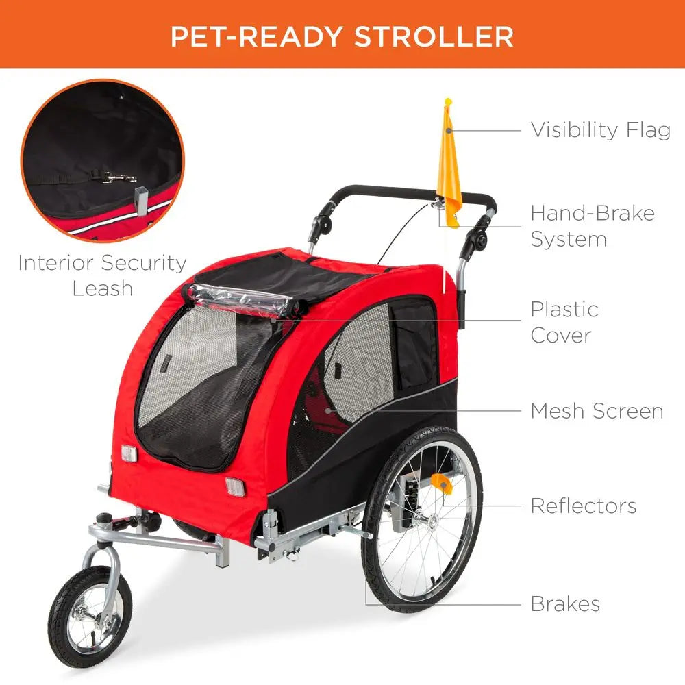 2in1 Dog Bike Trailer, Pet Stroller Bicycle Carrier w Hitch, Suspension, Visibility Flag and Reflectors, 66lb Weight Capacity
