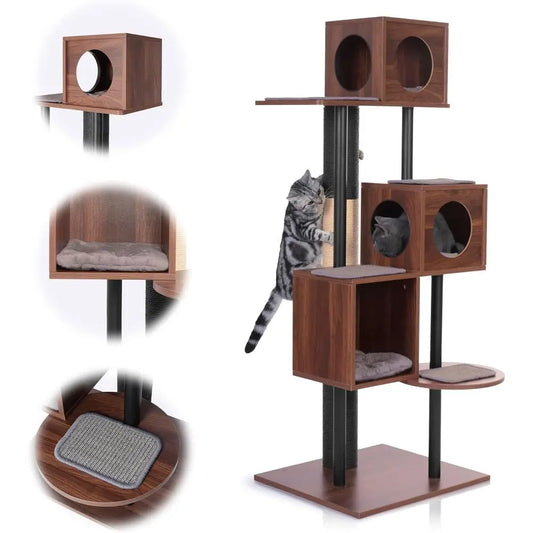 Stylish Wooden Cat Tower & Scratching Post - 60 Decor-Friendly, 48 Tall Post, 3-Level Condo for Multi-Cat Comfort