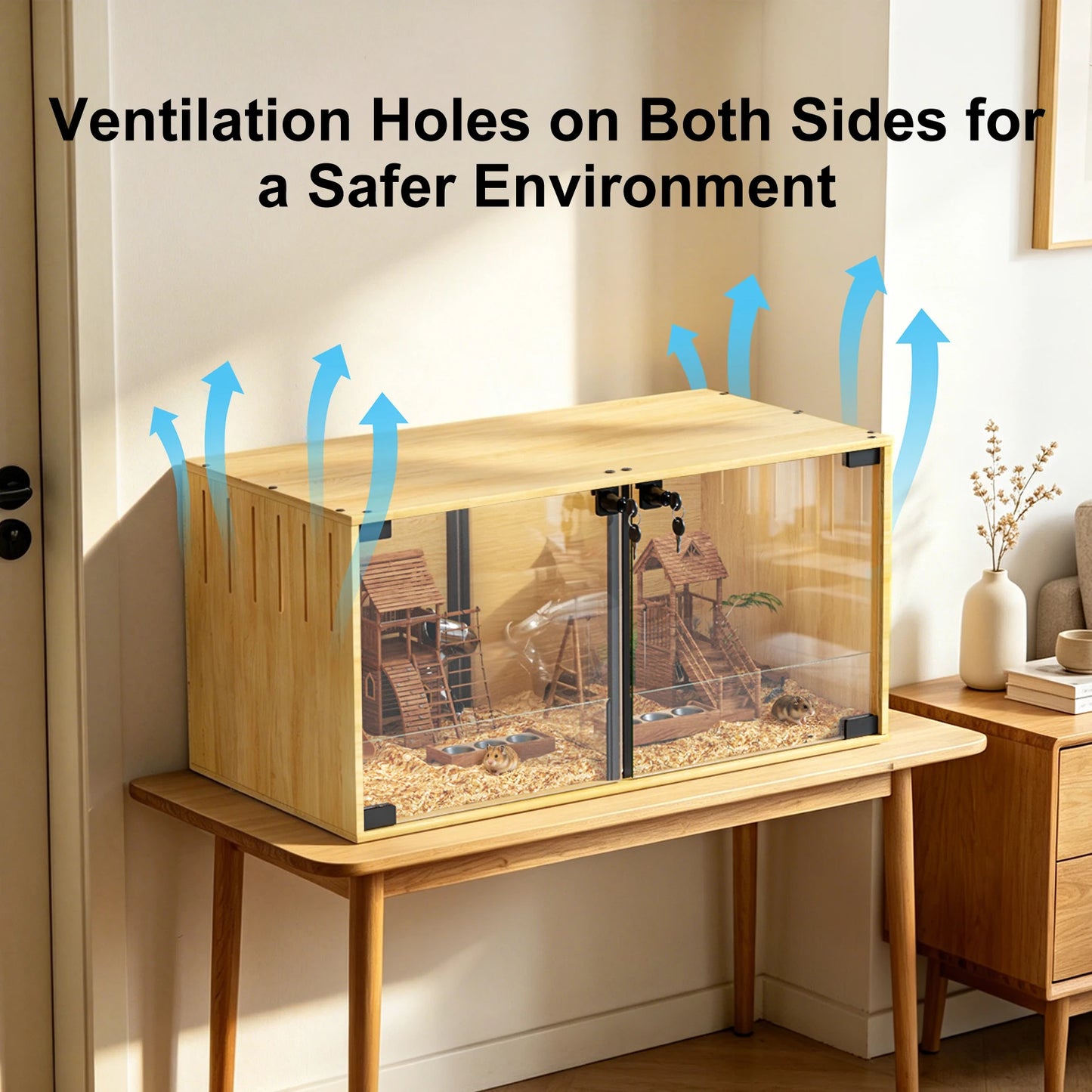 Wooden Hamster Cage Chewproof For Small Pets With Dual Doors