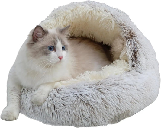 Calming Round Dog Bed And Cat Cave With Hooded Cover
