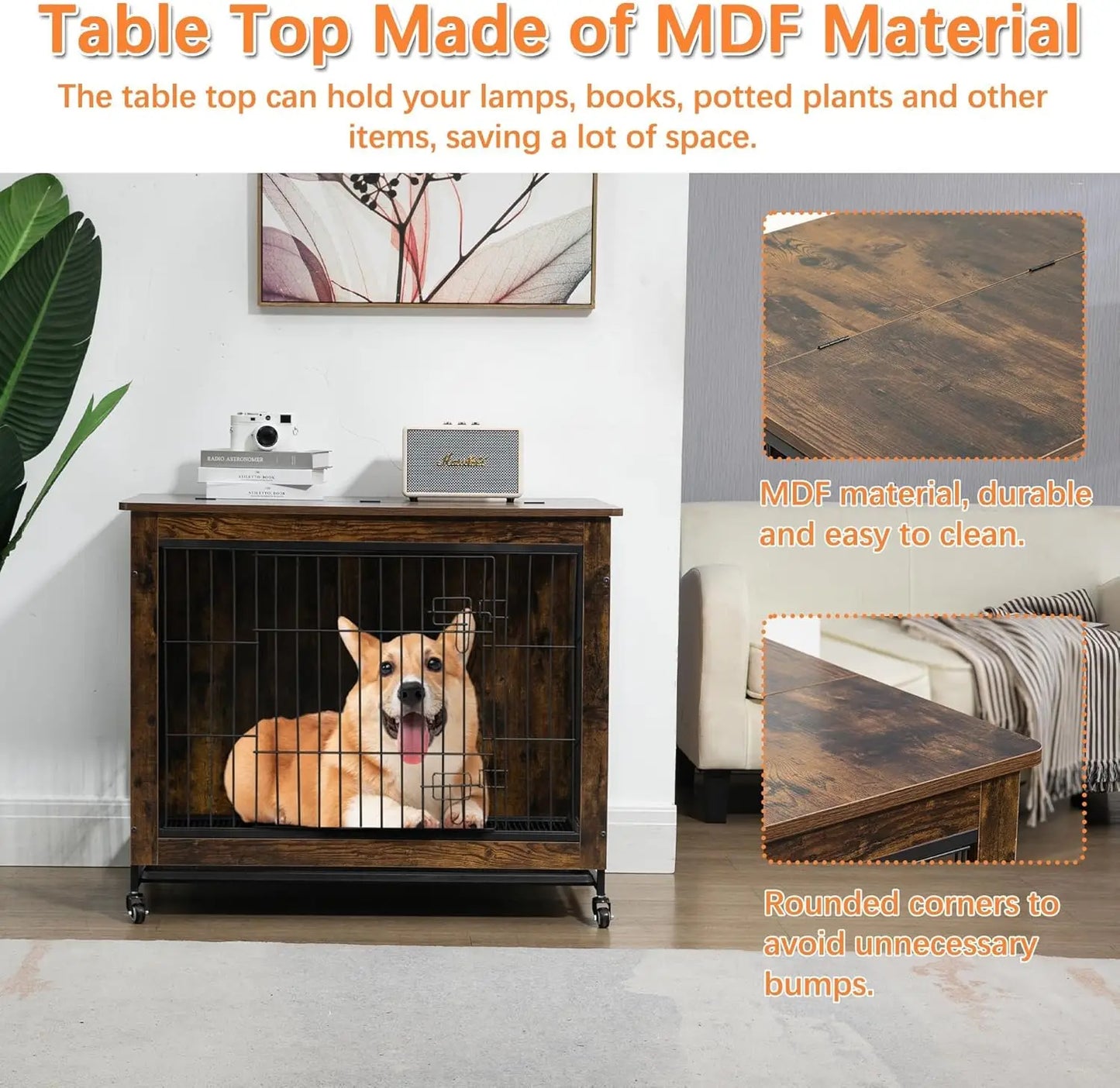 HiMISS Rustic Wood Metal Dog Crate Furniture With Wheels