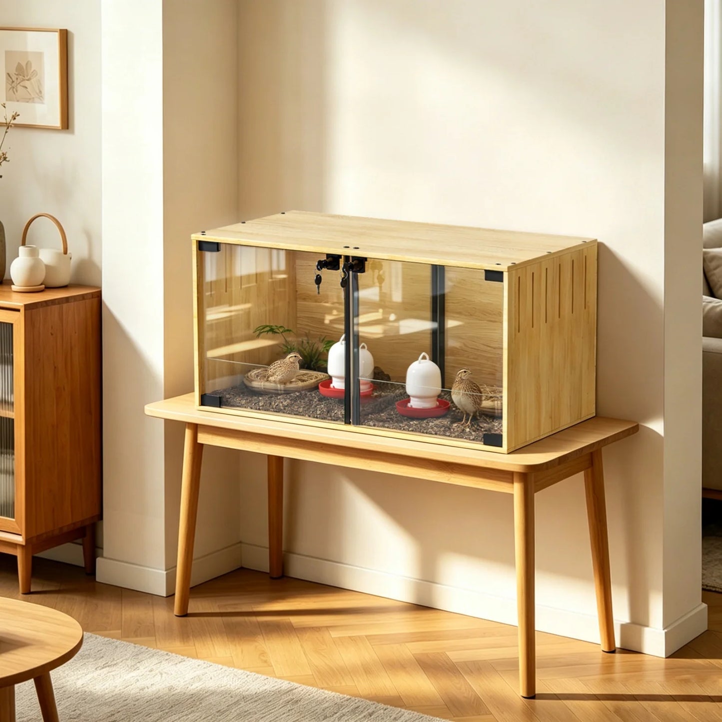 Wooden Small Pets Cage With Removable Divider Chewproof Tempered Glass