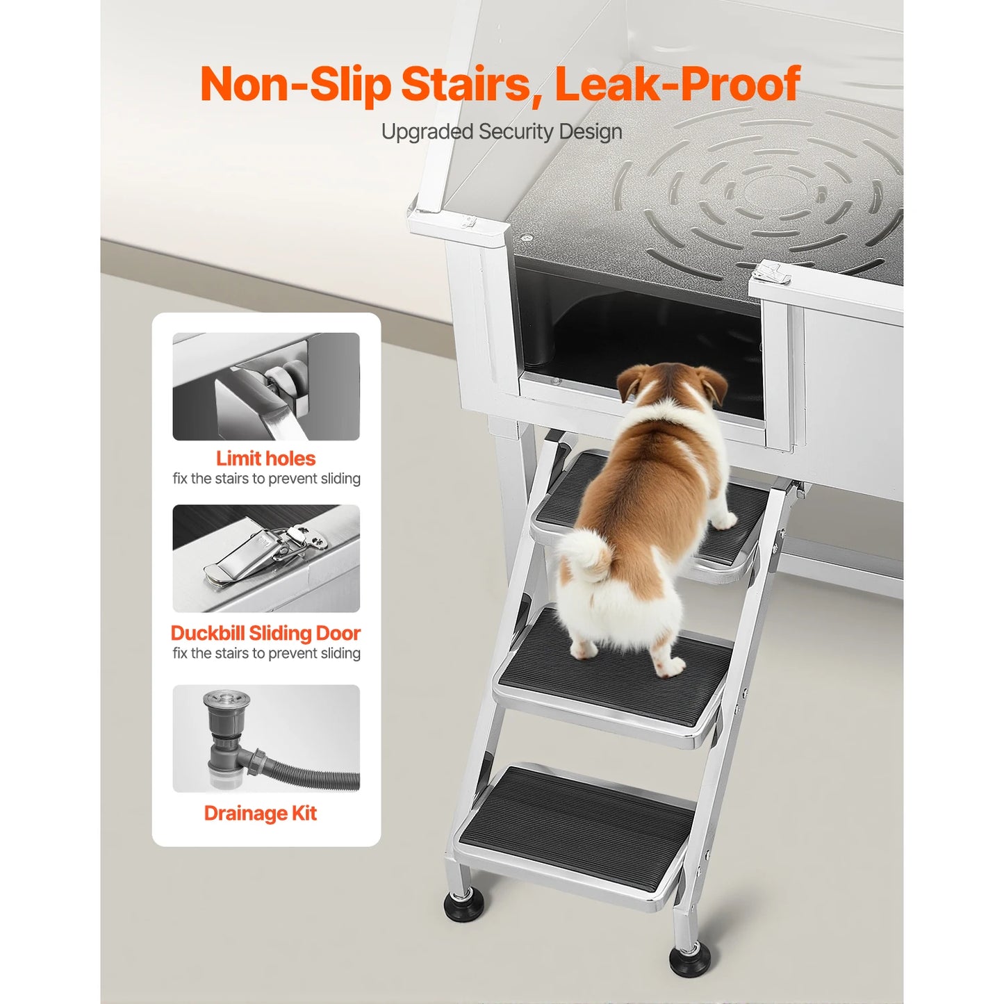SucceBuy Stainless Steel Dog Washing Station 38in Pet Grooming Tub w/ Storage Stairs Faucet & Showerhead&Soap Holder Dog Bathtub