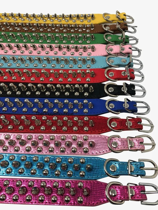 Dog Collar Studded& Spikes Rivet Adjustable 12 Colors Faux Leather  1" w  S M L