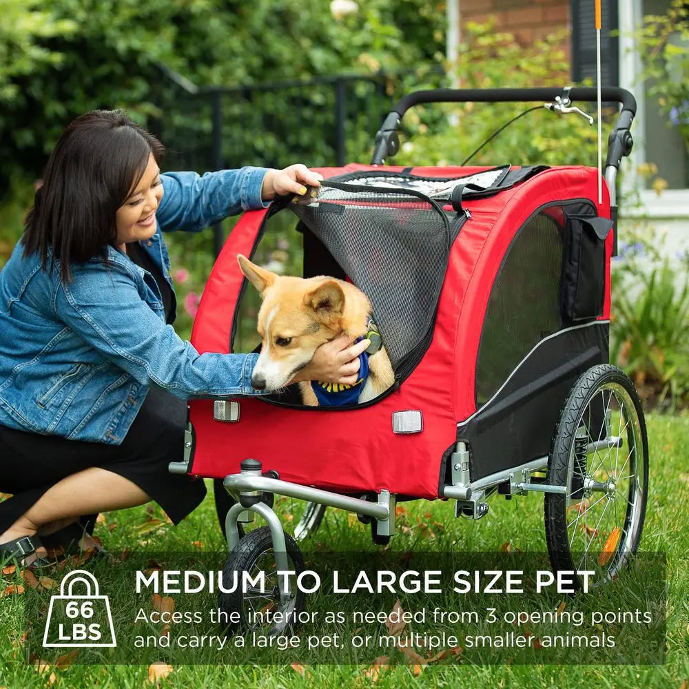 2in1 Dog Bike Trailer, Pet Stroller Bicycle Carrier w Hitch, Suspension, Visibility Flag and Reflectors, 66lb Weight Capacity