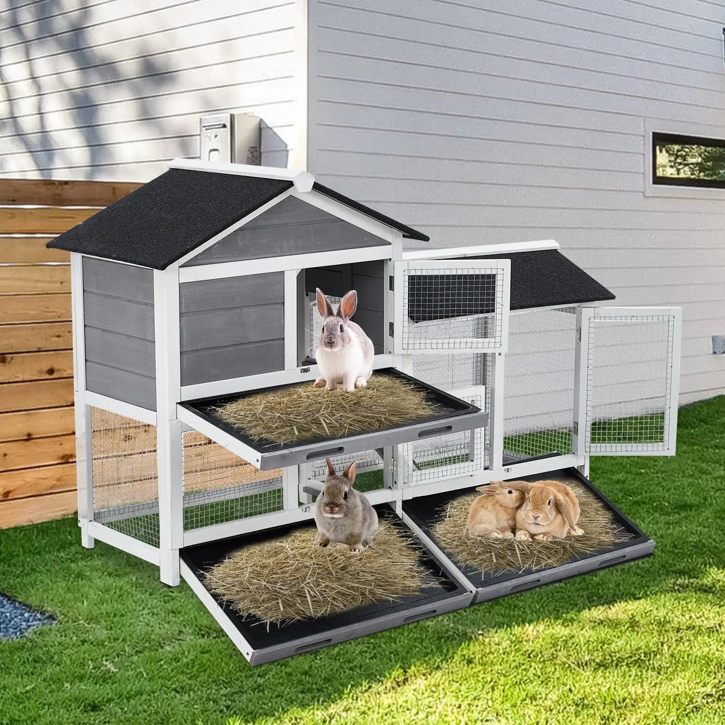 Bunny Hutch Cage With Leak Proof Trays And Wooden Roof