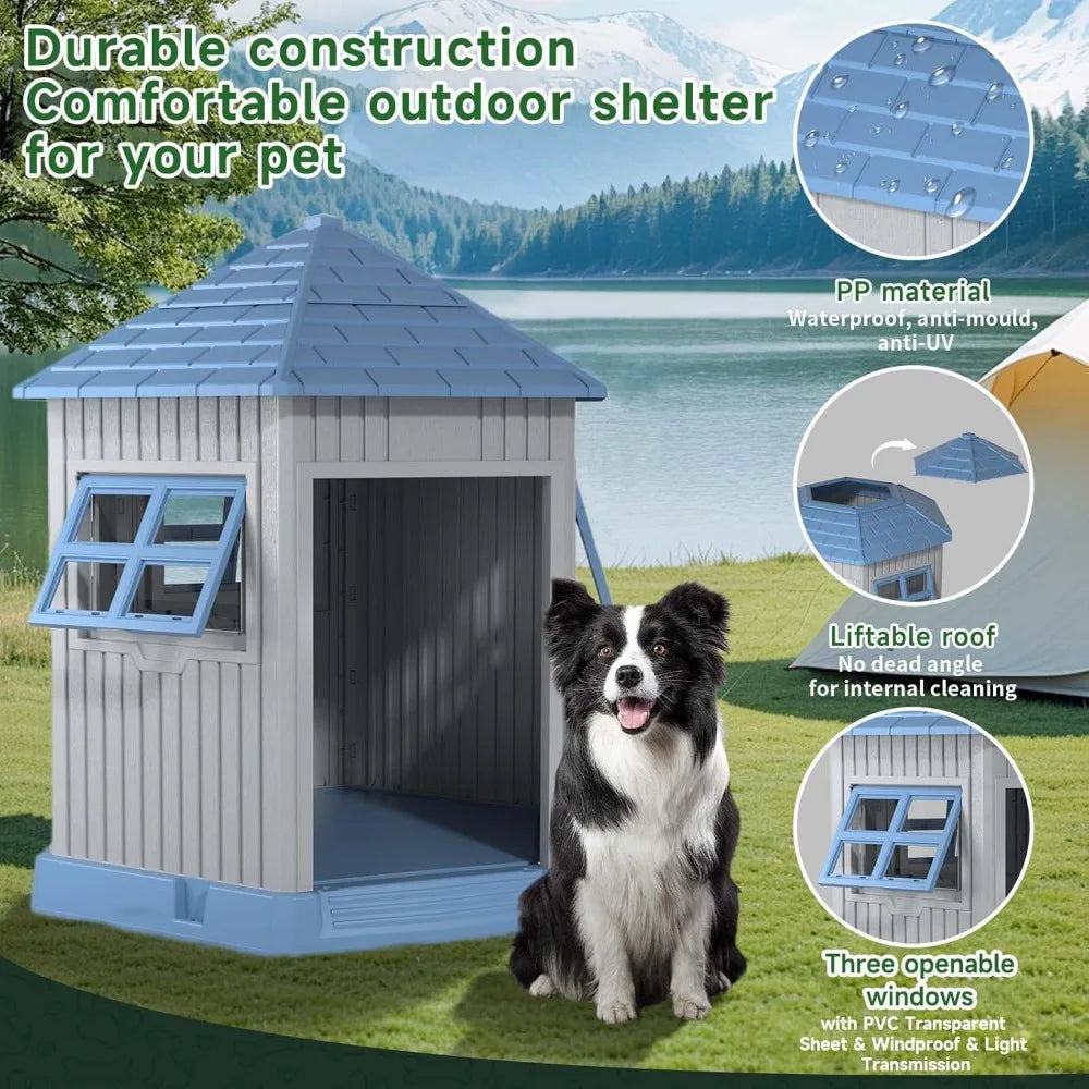 Durable Indoor Outdoor Dog House Shelter With Window And Elevated Floor