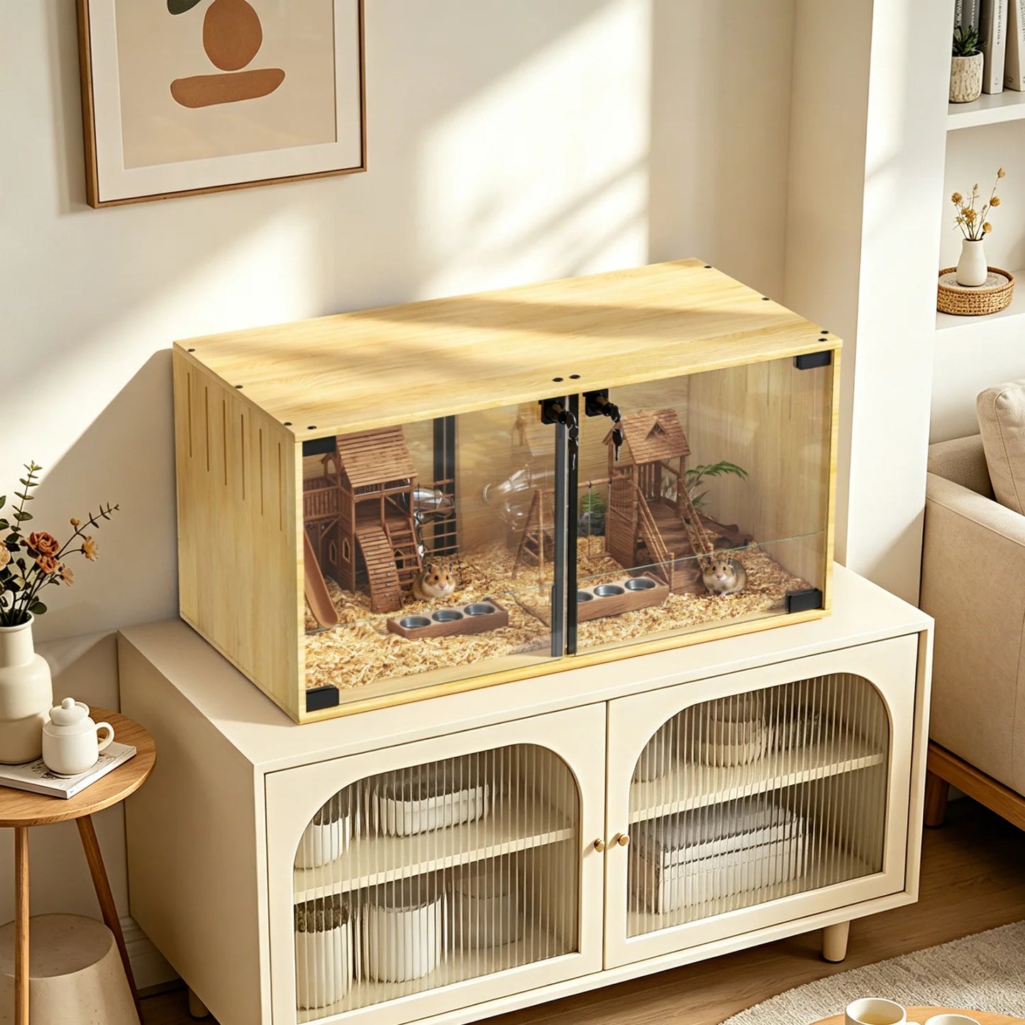 Wooden Small Pets Cage With Removable Divider Chewproof Tempered Glass