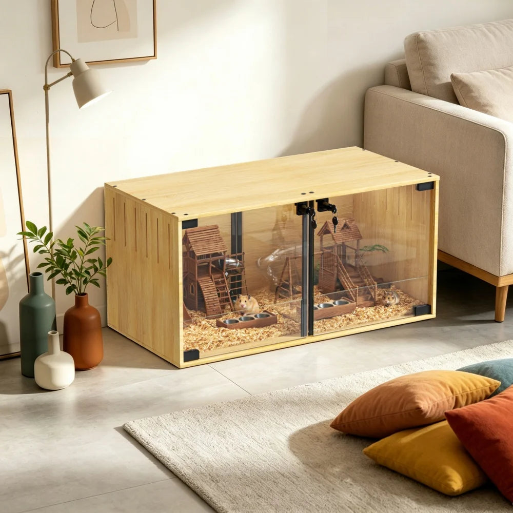Wooden Hamster Cage Chewproof For Small Pets With Dual Doors