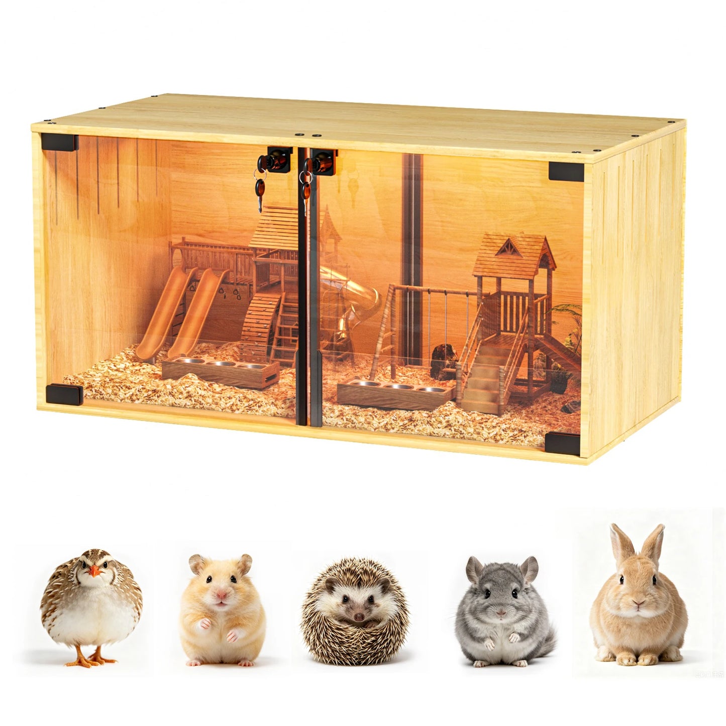 Wooden Hamster Cage Chewproof For Small Pets With Dual Doors