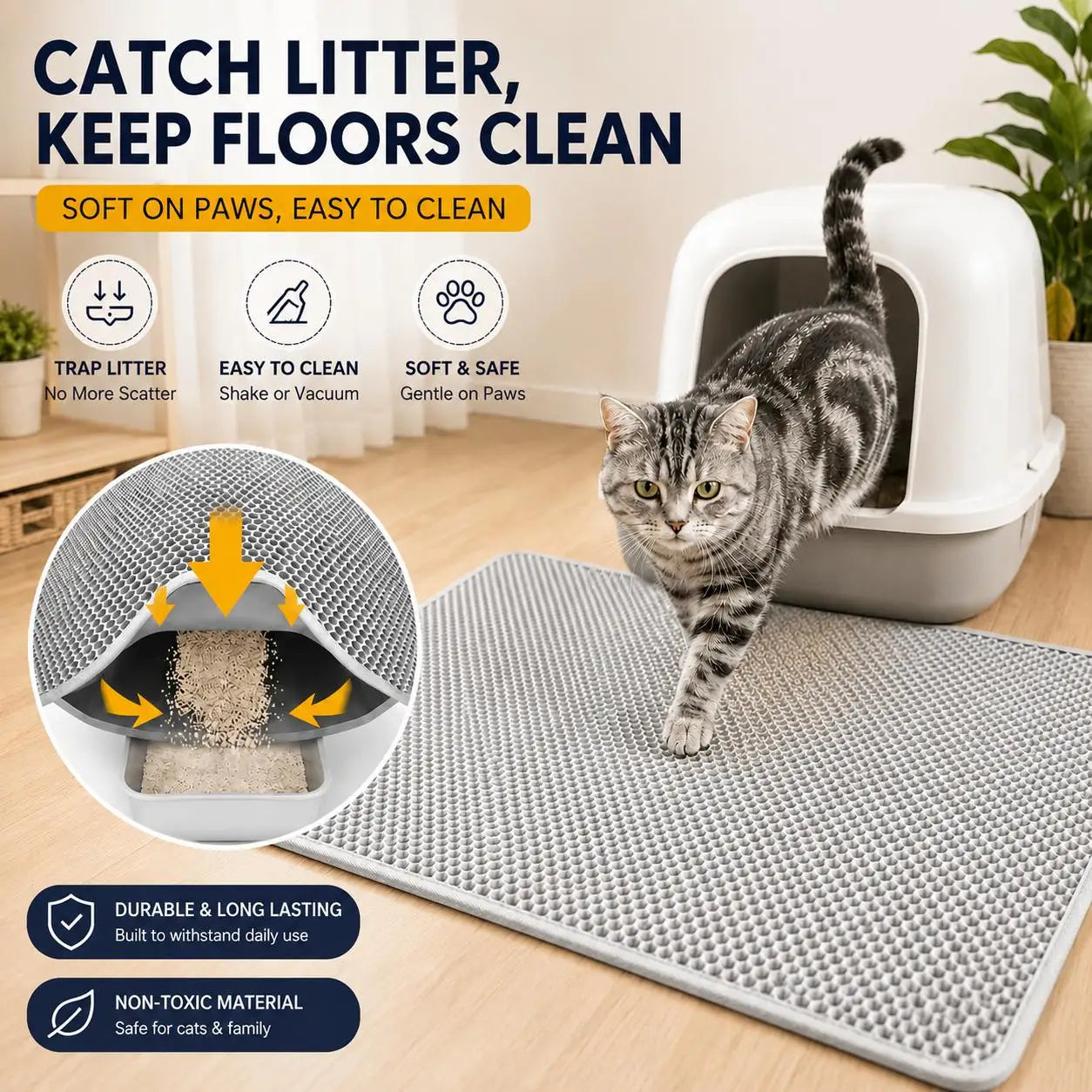 Double-Layer Cat Litter Mat Large Honeycomb Trapping Pad Waterproof Washable Soft EVA Pet Litter Box Catching Mat Anti-Slip Urine Proof Easy Clean Floor Protector with Side Opening for Cats Kittens Accessories